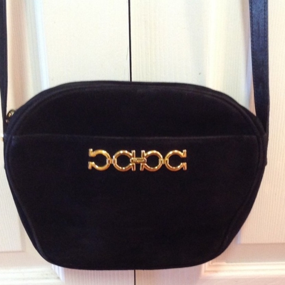 Ferragamo Black Suede Bag with Gold Accents - Picture 2 of 15